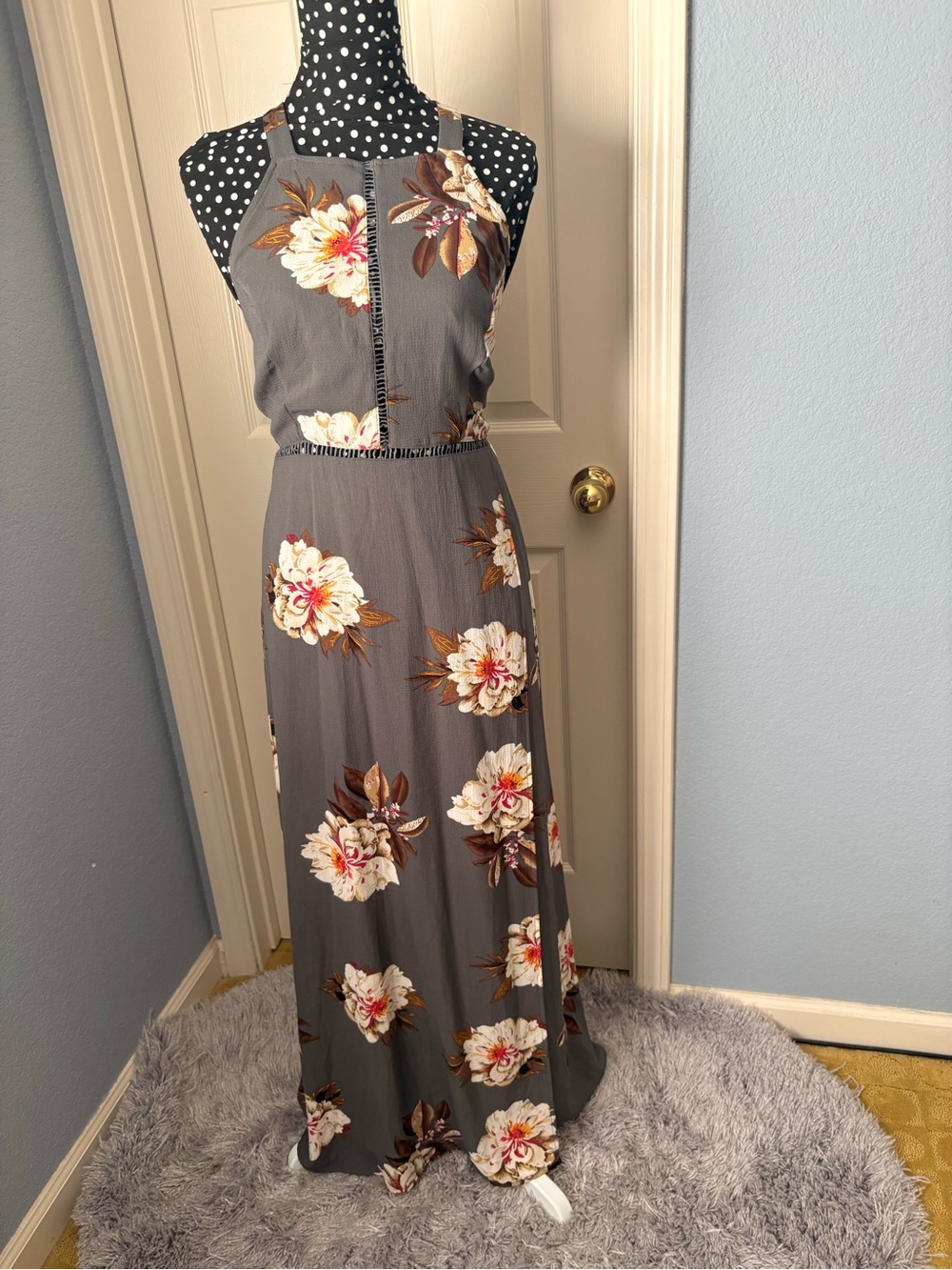 Gray Floral Halter Maxi Dress with Elastic Waist